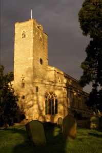 Deerhurst priory church illuminated at night
